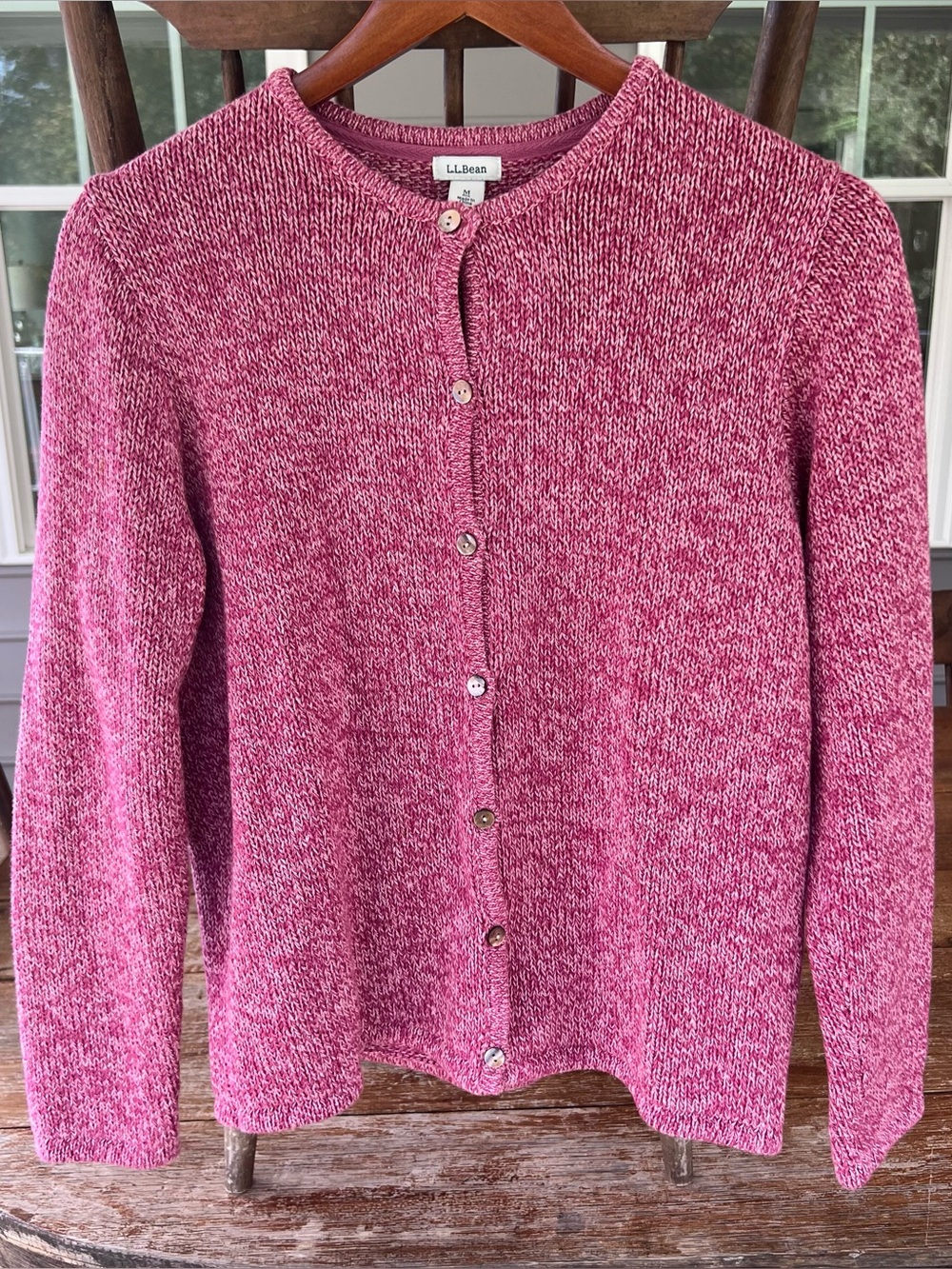 L.L. Bean Pink Marled Button-Front Crewneck Cardigan Sweater Cotton Medium